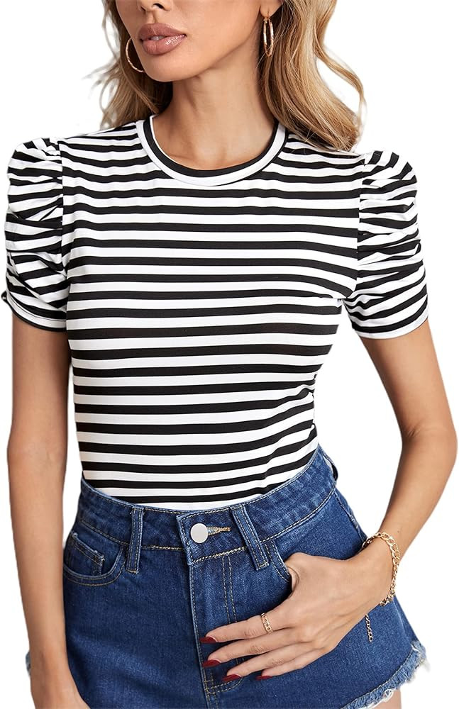 LilyCoco Women's Striped Short Puff Sleeve Slim Fit Round Neck Blouse Shirt Tops | Amazon (US)