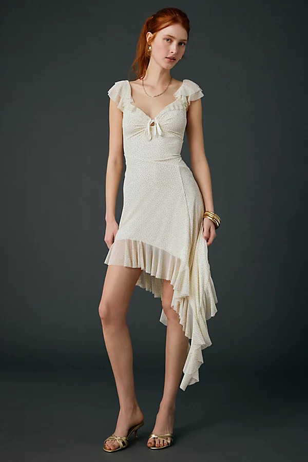 Urban Outfitters UO Hyacinth Rhinestone Studded Asymmetric Ruffle Midi Dress in Ivory, Women's at Urban Outfitters | Urban Outfitters (US and RoW)