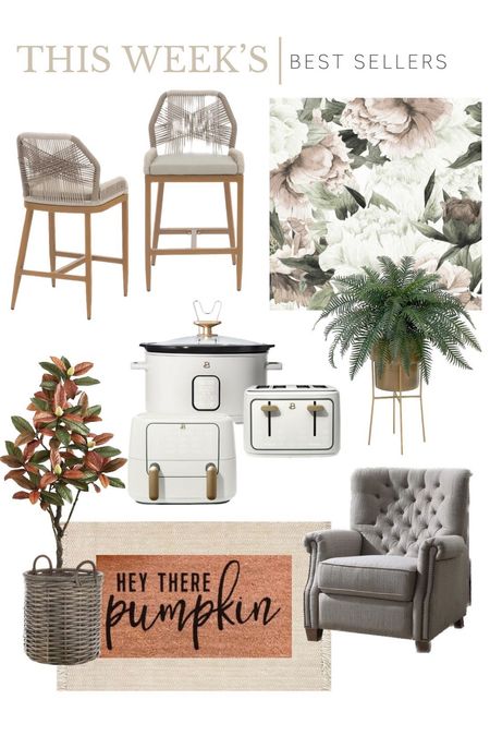 This weeks best sellers in home decor and accessories bar stools counter stools blush floral vintage wallpaper white countertop small appliances toaster slow cooker crockpot air fryer beautiful by drew Barrymore magnolia leaf tree basket faux artificial silk flowers and plants jute rug outdoor rug doormat welcome mat fall decor accent reclining chair recliner Walmart Amazon Etsy nearly natural wayfair finds and favorites 

#LTKhome #LTKFind #LTKSeasonal