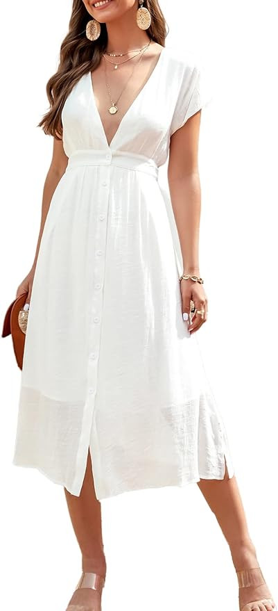 CUPSHE Women's V Neck Maxi Dress Button Down Ruffled Tiered Flounce Casual Flowy A Line Dress | Amazon (US)