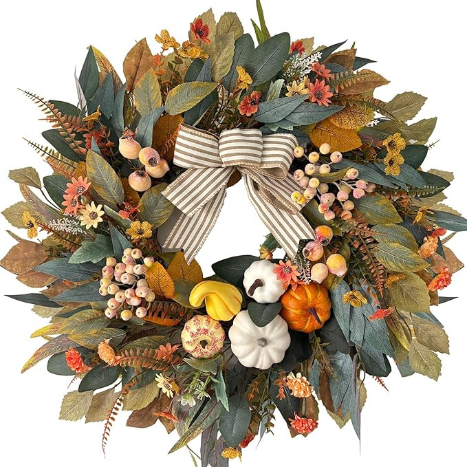 HipTree 24 Inch Fall Wreath for Front Door,Pumpkin Wreath Farmhouse Decor | Autumn Eucalyptus Lea... | Amazon (US)
