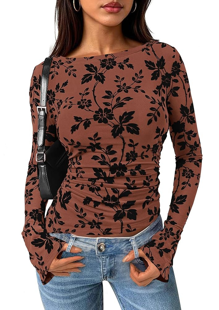 PRETTYGARDEN Women Long Sleeve Floral Mesh Tops Blouse 2025 Fall Trendy Boat Neck Ruched Fitted S... | Amazon (US)
