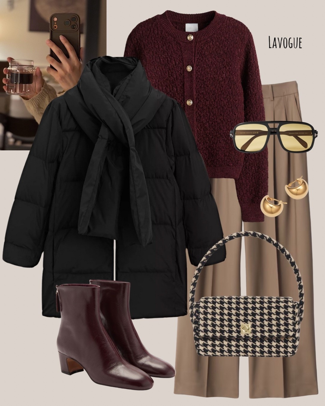 Cold-weather layers, but make it chic . 
Styled my go-to black puffer down jacket (with a cozy scarf, of course) over a rich burgundy textured cardigan for that perfect pop of color. Paired it with medium brown pants for balance, then finished with matching burgundy booties and a classic houndstooth bag for a touch of pattern play.
Shop the look 👇

#LTKSeasonal #LTKWorkwear #LTKFindsUnder100