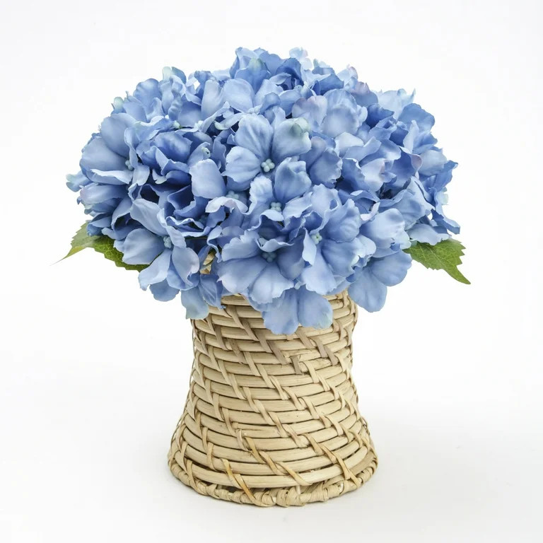 Better Homes & Gardens 7.8in Artificial Blue Hydrangea Flowers in Woven Rattan Vase | Walmart (US)