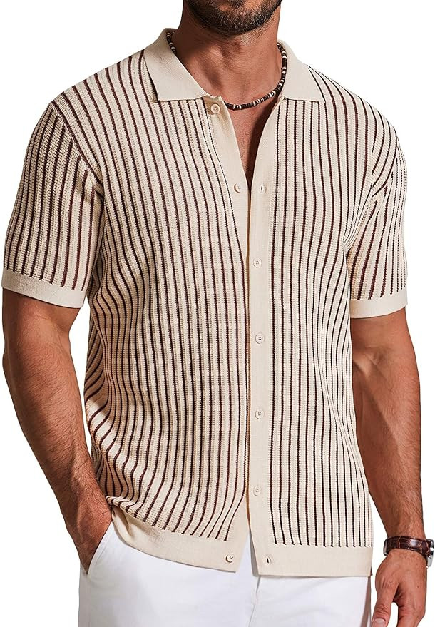 COOFANDY Mens Knit Button Down Shirts Short Sleeve Polo Shirt Vintage Striped Casual Shirts | Amazon (US)