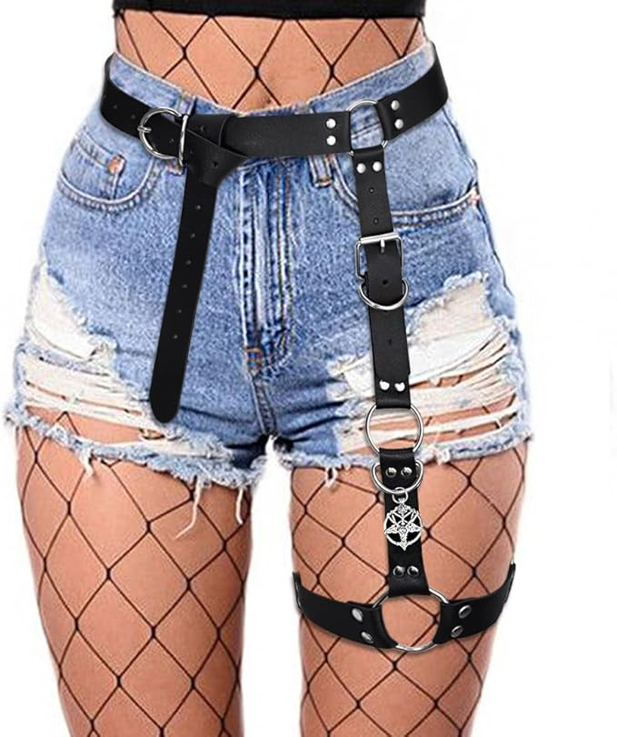 BODIY Women Punk Leather Waist and Leg Belt - Gothic Thigh Rave Accessory in Black | Amazon (US)