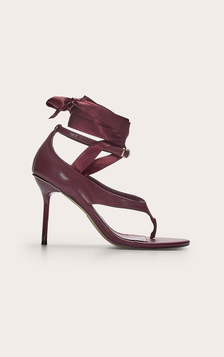 Burgundy Pu Round Toe Thong Ribbon Lace Up High Stiletto Heeled Sandals. | PrettyLittleThing US