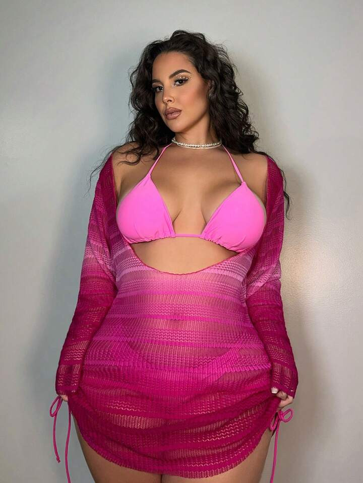 SHEIN Swim SXY Summer Beach Plus Size Gradient Sheer Cover Up With Drawstring Side Detail | SHEIN