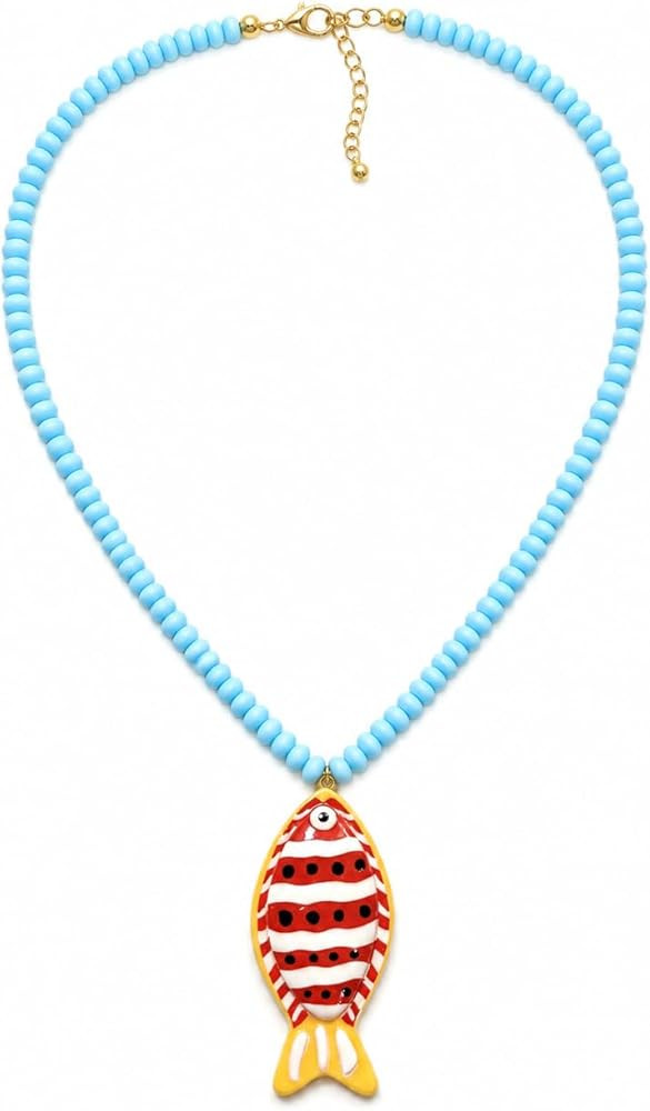 Fish Pendant Necklace For Women, Boho Summer Exaggerated Marine Animal Blue Acrylic Resin Beaded ... | Amazon (US)