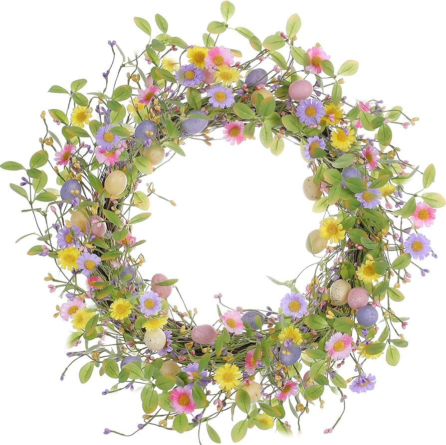 Easter Wreath 20" Easter Wreaths for Front Door Artificial Easter Egg Wreath with Daisy Flower Gr... | Amazon (US)