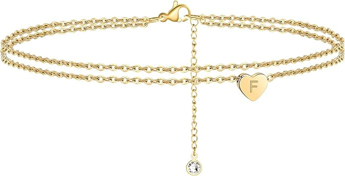 Heart Initial Ankle Bracelets for Women, 14K Gold Filled Handmade Dainty Layered Anklet Letter In... | Amazon (US)
