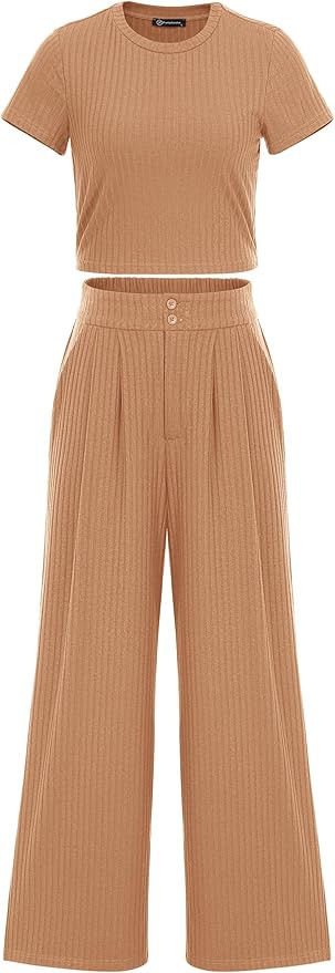 PRETTYGARDEN Women's Summer Knit 2 Piece Outfit Short Sleeve Crop Tee Tops Wide Leg Pants Set Tra... | Amazon (US)
