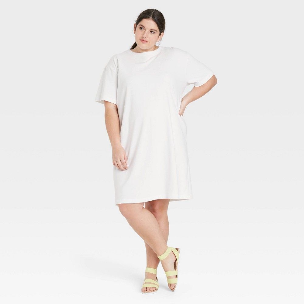 Women's Plus Size Elbow Sleeve Knit T-Shirt Dress - A New Day White 1X | Target