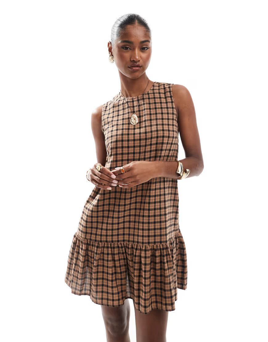 ONLY sleeveless drop hem mini dress in brown and black check | ASOS (Global)