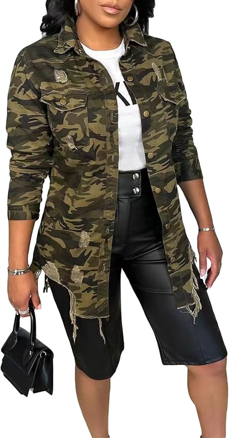 Seltaon Casual Ripped Camo Jacket for Women Fall Camouflage Army Fatigue Green Jackets Coat Plus ... | Amazon (US)