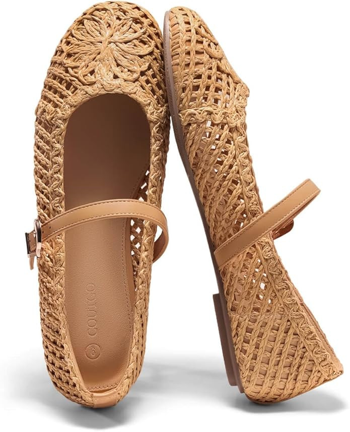 Coutgo Womens Mary Jane Woven Flats Round Toe Ballet Flats Dressy Comfortable Slip On Shoes | Amazon (US)