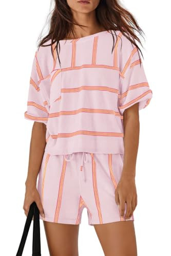 Yanekop Womens Striped Shorts Set Summer 2 Piece Lounge Set Vacation Short Sleeve Tops Drawstring Shorts Travel Outfits(Light Pink,XL) | Amazon (US)
