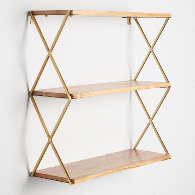 Natural Wood and Gold 3 Tier Wall Shelf | World Market