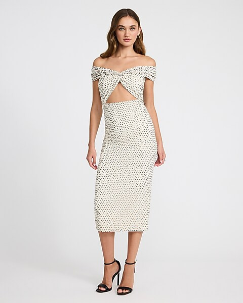 Mesh Polka Dot Off The Shoulder Twist Cutout Midi Sheath Dress | Express