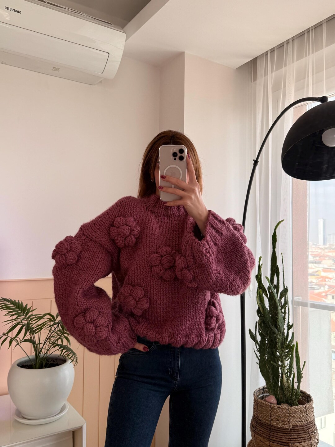 Handmade Chunky Knit Sweater & Beanie Set – 3D Flower Detail | Etsy (US)