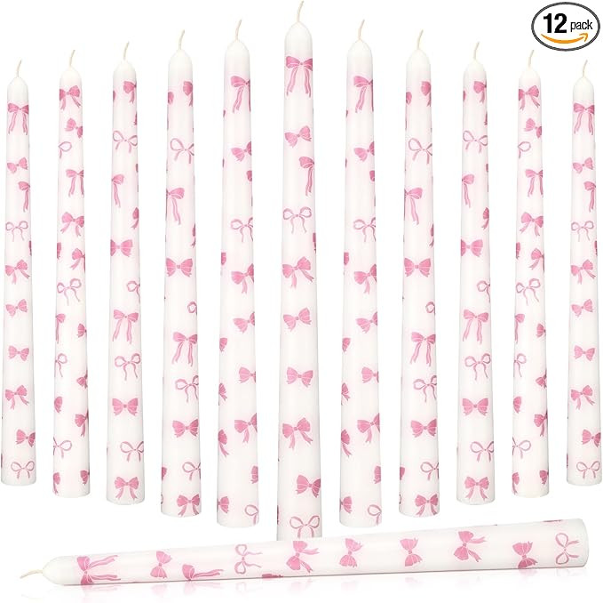 12 Pcs Pink Bow Taper Candles 10 Inch Valentine's Day Tall Bow Print Pillar Candles Bow Themed Pa... | Amazon (US)
