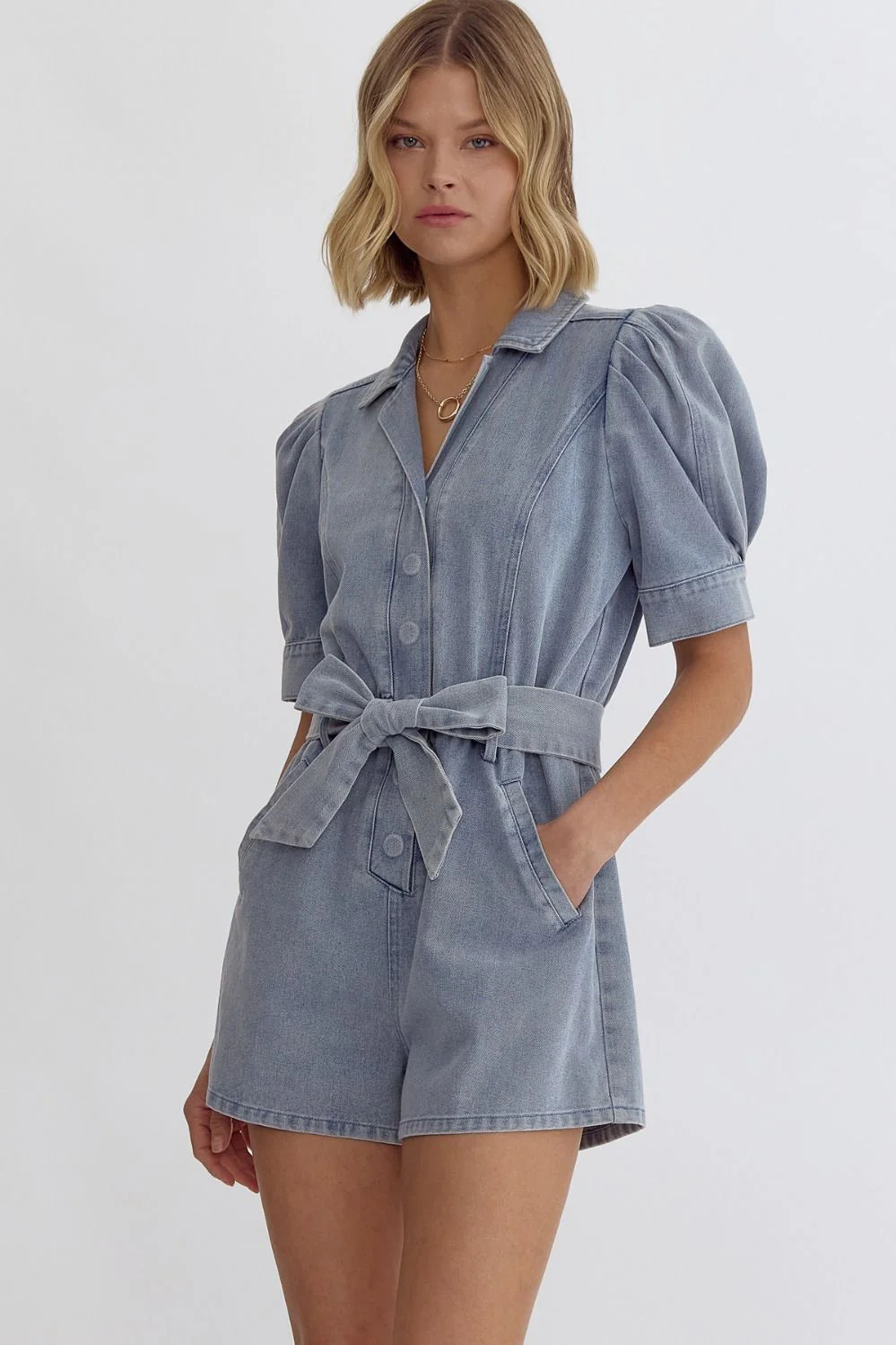 DENIM PUFF SLEEVE ROMPER L | Simply Carolina