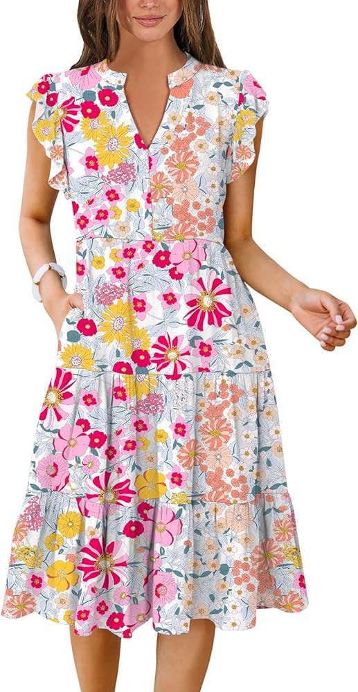 ANRABESS Womens Summer Ruffle Sleeve V Neck Midi Dress 2024 Fashion Casual Fit Flowy Tiered Boho ... | Amazon (US)