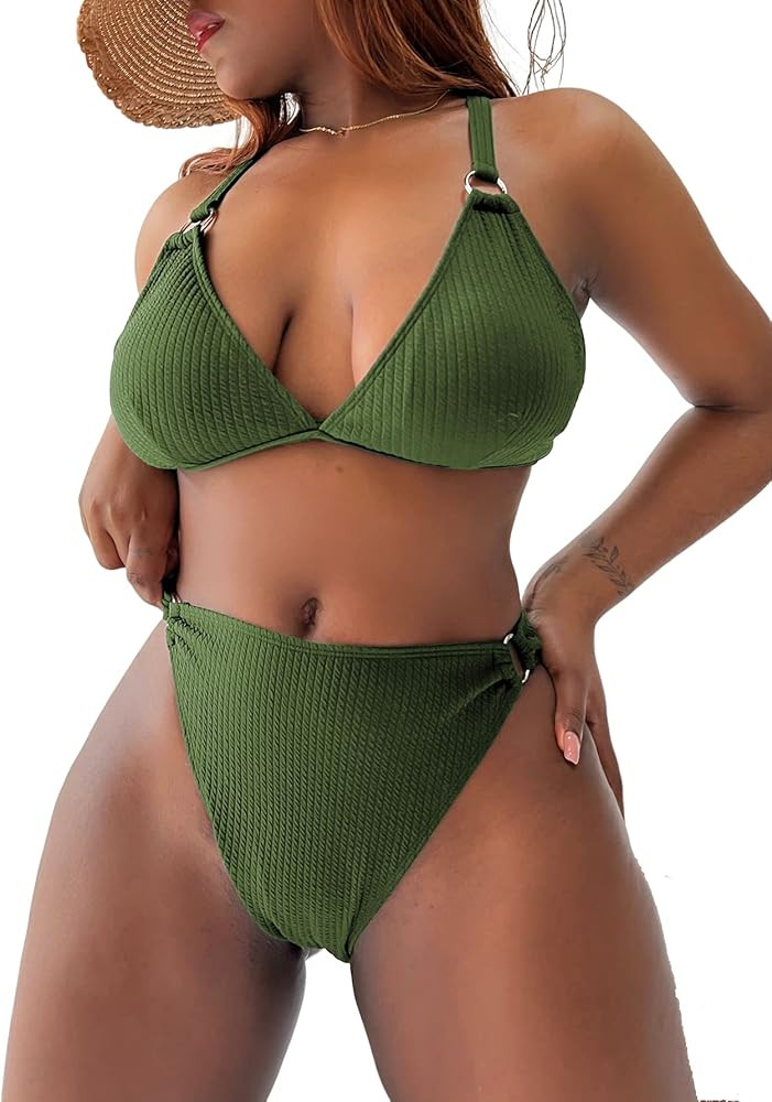Floerns Women's Plus Size V Neck Triangle Bikini Set Ribbed 2 Piece Bathing Suit | Amazon (US)