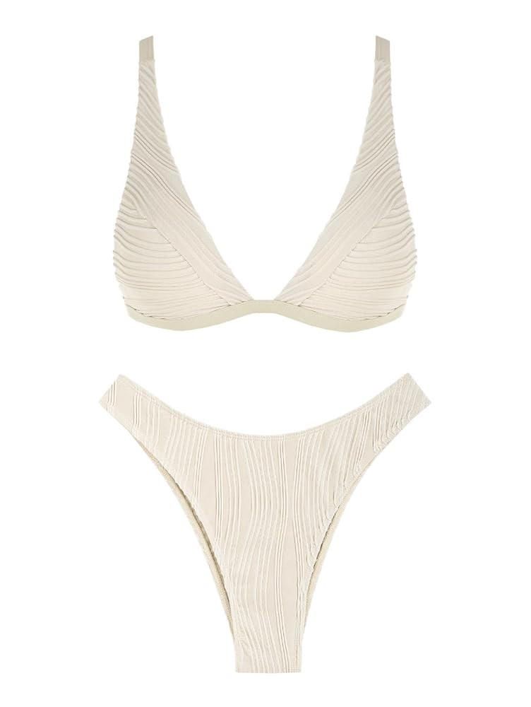 ZAFUL Bikini Sets for Women Triangle Textured Plunging High Cut Cheeky Bikini Swimsuits Two Piece... | Amazon (US)