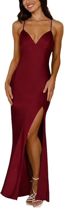 Summer Satin Spaghetti Strap Backless Maxi Dress for Women Formal Silk Tie Back Wedding Guest Dre... | Amazon (US)