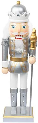 FUNPENY 14" Christmas Decorative Nutcracker Figures, Wooden Silver King Hold Scepter, Festive Col... | Amazon (US)