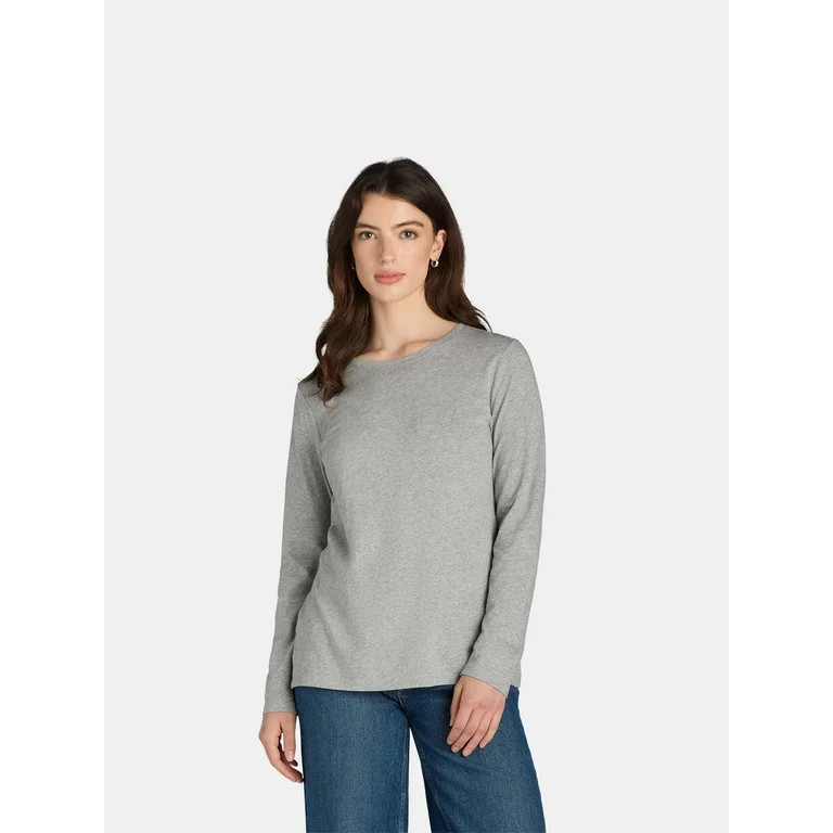 Time and Tru Women's Cotton Crewneck Tee with Long Sleeves, Single and 3 Pack, Sizes XS-XXXL | Walmart (US)