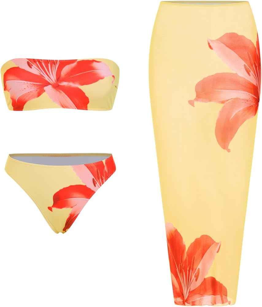 ZAFUL Womens 3pcs Bikini Swimsuits Bandeau 3 Piece Swimwear High Cut Bikini Sets with Long Sheer ... | Amazon (US)
