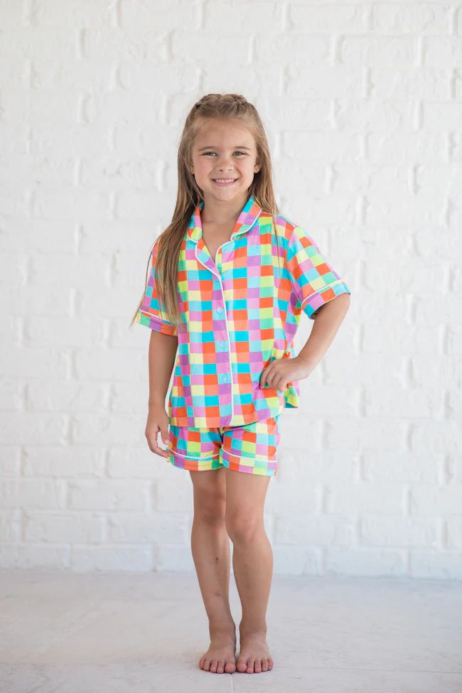 Kid's Good To Get Away In Glamour On The Grid Bamboo PJ Set | Pink Lily
