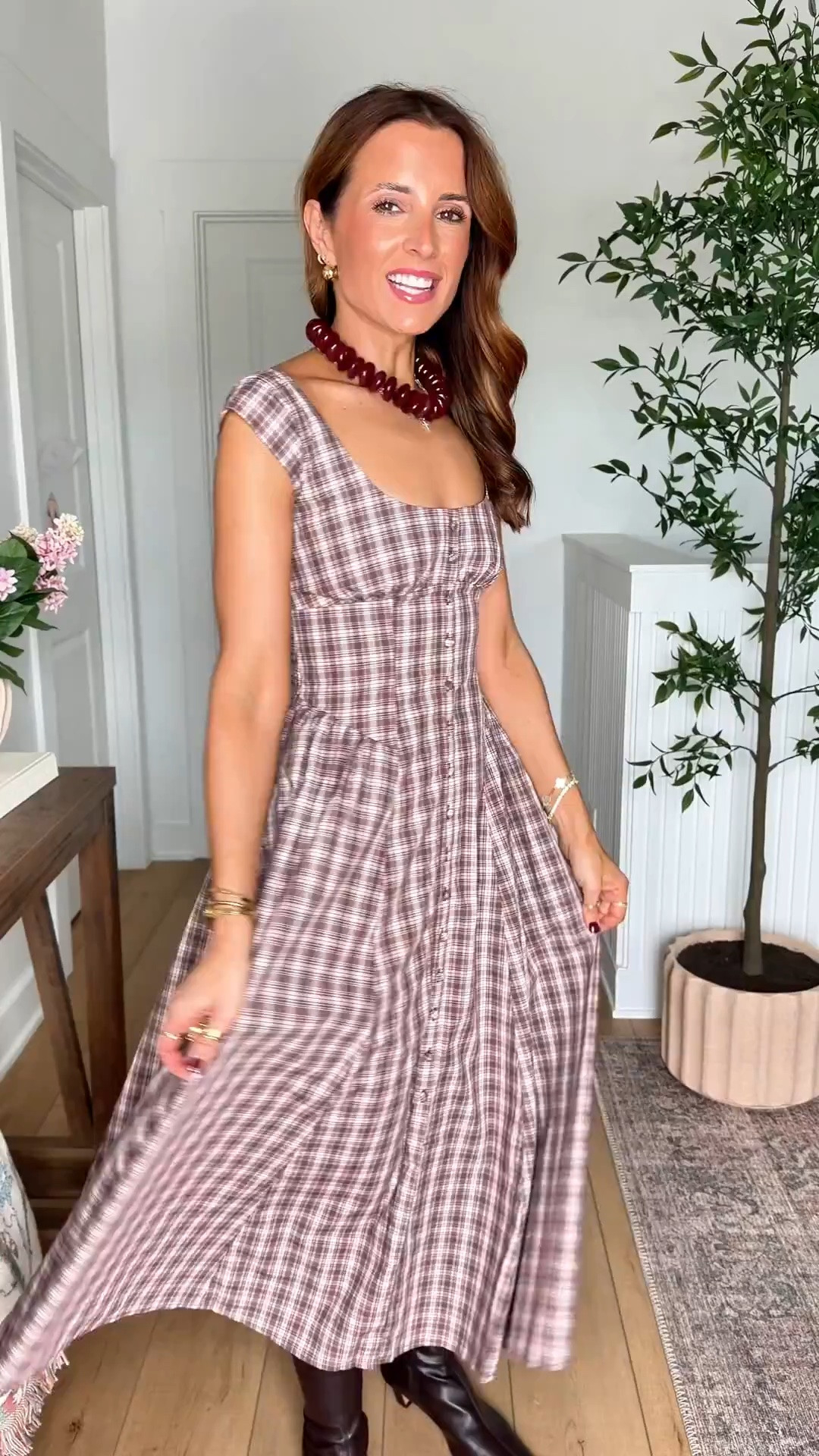 Code AFLTK. I love this plaid midi dress in XXS petite. Fall dress. Fall outfit. Fall style. Thanksgiving outfit. Thanksgiving dress. Pumpkin patch outfit. Family photo dress.