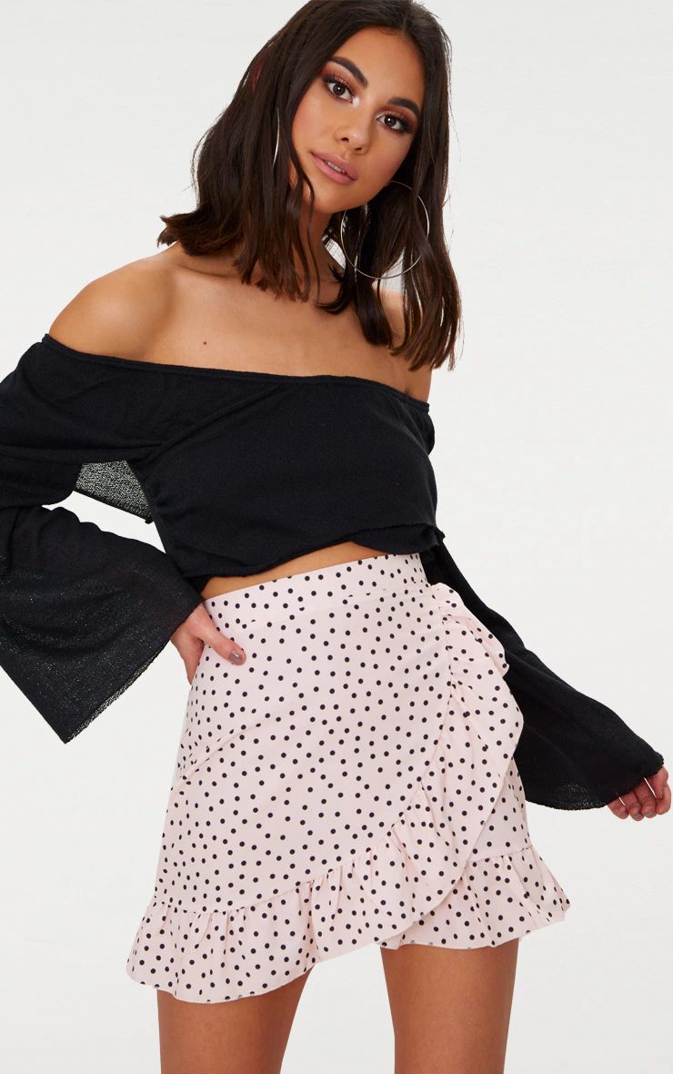 Black Spot Print Frill Hem Wrap Mini Skirt | PrettyLittleThing US