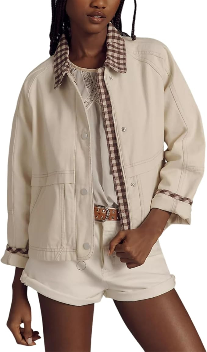 Aimiray Cropped Bomber Jacket Women Zip up Plaid Barn Jacket Casual Gingham Fall Coats with Pocke... | Amazon (US)