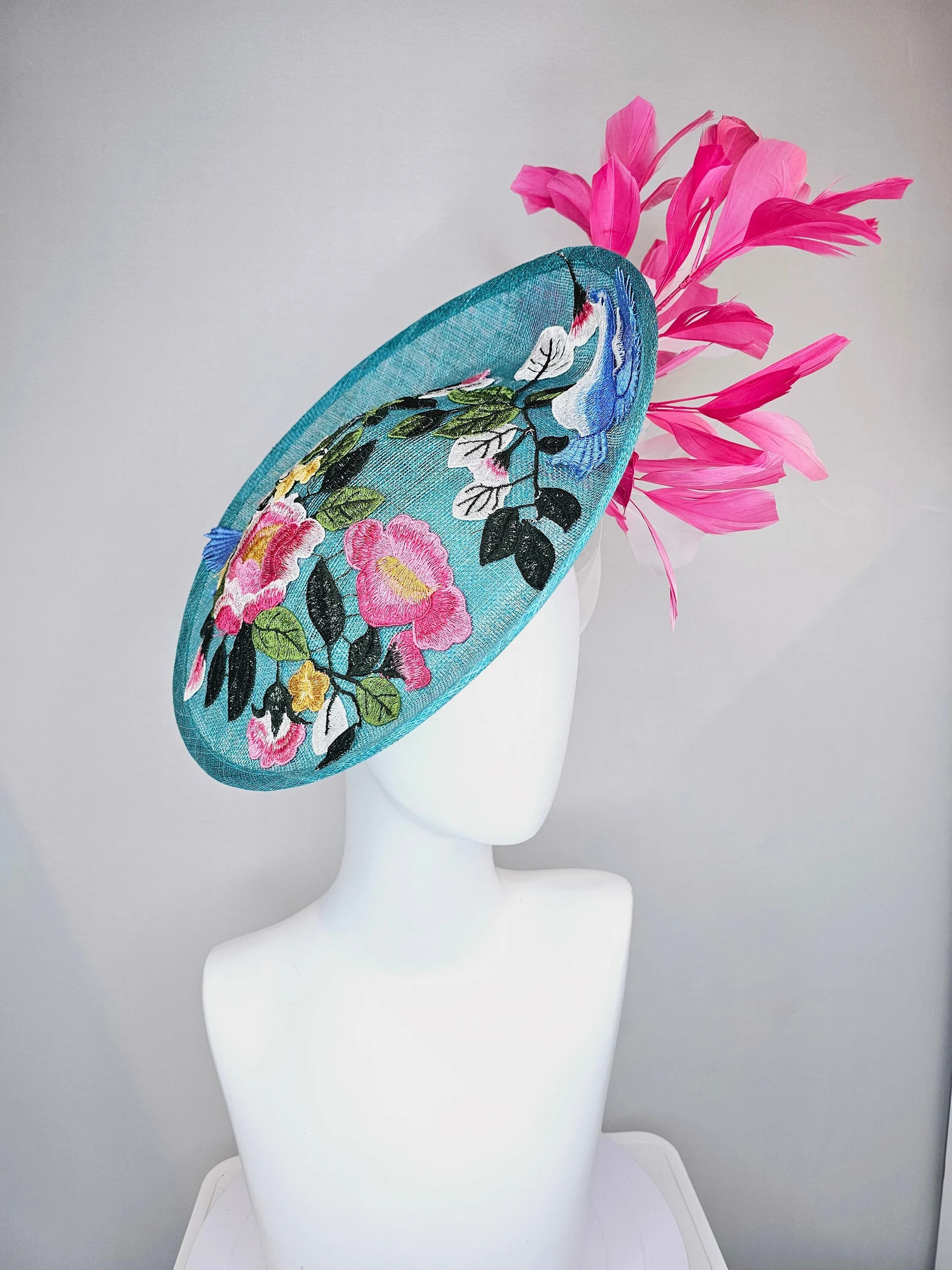 Kentucky Derby Hat Fascinator Teal Blue Sinamay Saucer With Pink and White Feathers and Pink Whit... | Etsy (US)
