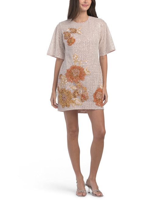 Short Sleeve Floral Applique Mini Dress | TJ Maxx