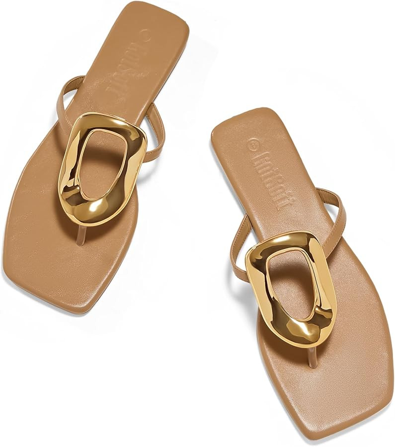 Women's Flat Sandals Summer Square Toe Flip Flops Comfortable Beach Flats Slip on Metal Decoratio... | Amazon (US)
