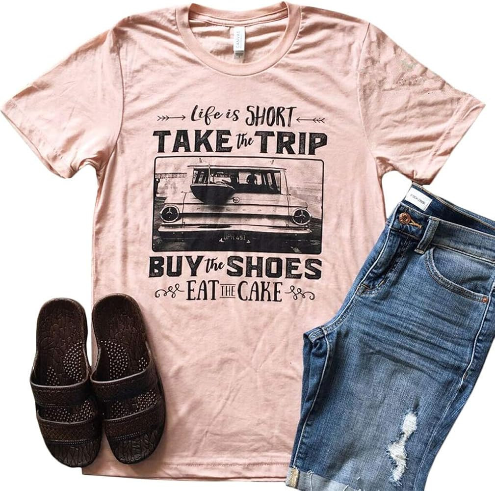 JBF Cloth Women's Life is Short Take The Trip T Shirt Inspirational Saying Short Sleeve Graphic Tops | Amazon (US)