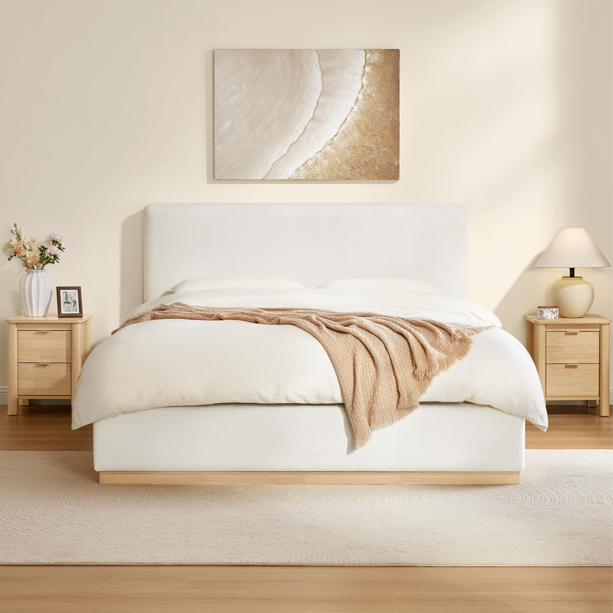 Upholstered Queen Size Bed Frame, Boucle Fabric Platform Bed Mattress Foundation Noise-Free No Bo... | Amazon (US)