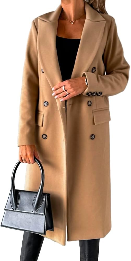 IDEALSANXUN Womens Long Wool Coat Double Breasted Trench Coat Fall Winter Clothes | Amazon (US)