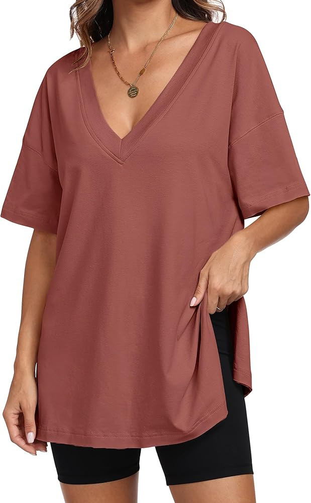 ANRABESS Women's Oversized T-Shirt Short Sleeve V Neck Loose Baggy Reversible Tops Casual Tee Shi... | Amazon (US)