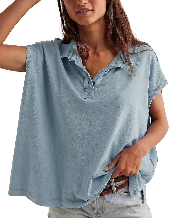 Jenkoon Womens Summer Oversized Short Sleeve Polo Shirts V Neck Henley Tops Soft Cotton Tee Shirt... | Amazon (US)