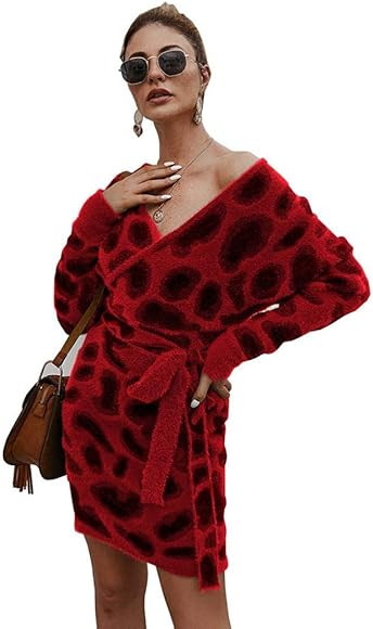 Tmore Women Sweater Dresses Hollow Out V Neck Long Batwing Sleeve Belt Bodycon Dress | Amazon (CA)