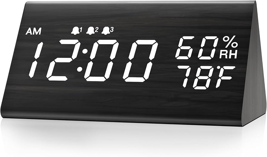 Digital Alarm Clock, with Wooden Electronic LED Time Display, 3 Alarm Settings, Humidity & Temper... | Amazon (US)