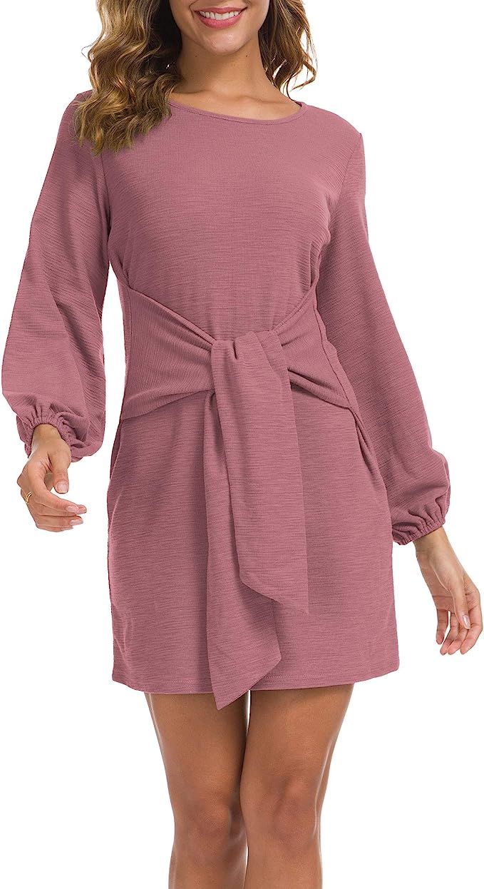 lionstill Women's Elegant Long Sleeve Dress Casual Tie Waist Sweater Dresses | Amazon (US)