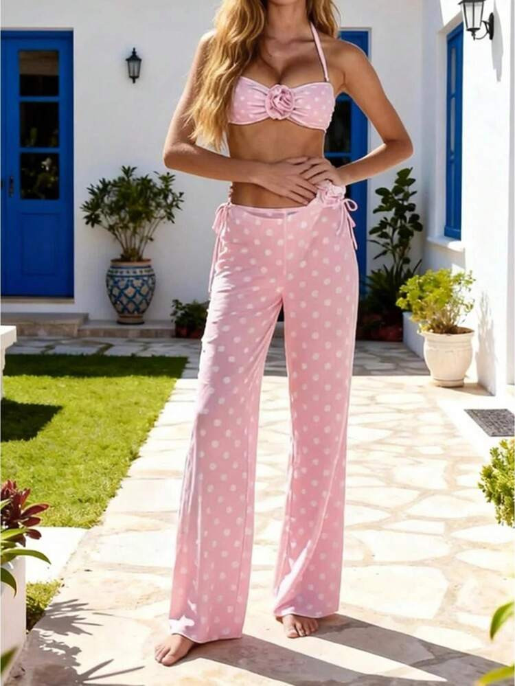 Women's 3 Piece Bikini Set 3D Flower Dot Print Halter Neck Bra Triangle Thong Bathing Suit With See Through Cover Up Pants | SHEIN USA Suit | SHEIN