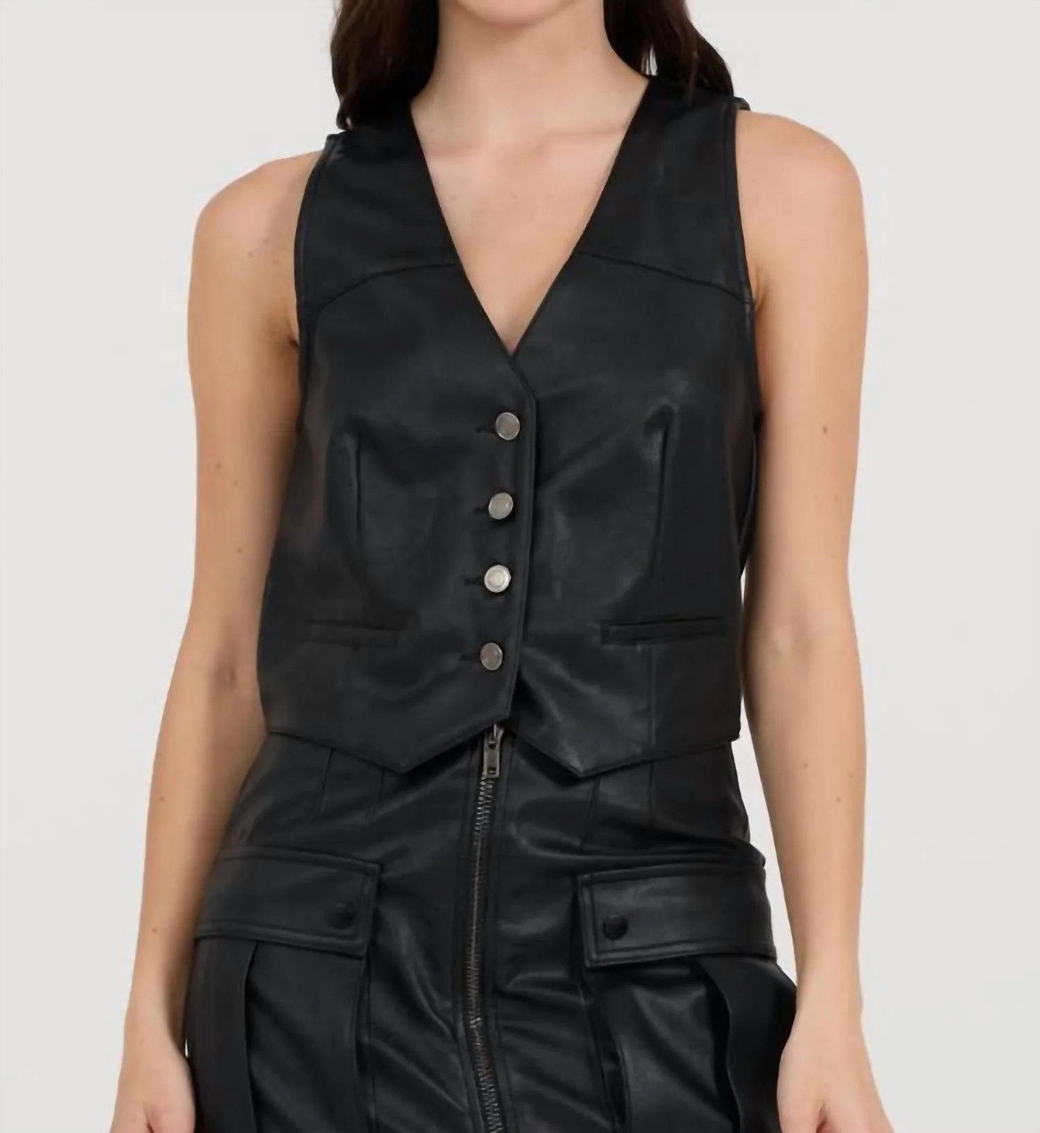 Leather Button Front Vest In Black | Shop Simon